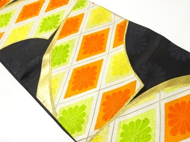 JAPANESE KIMONO / ANTIQUE HANABISHI PATTERN WOVEN FUKURO OBI (MATERIAL